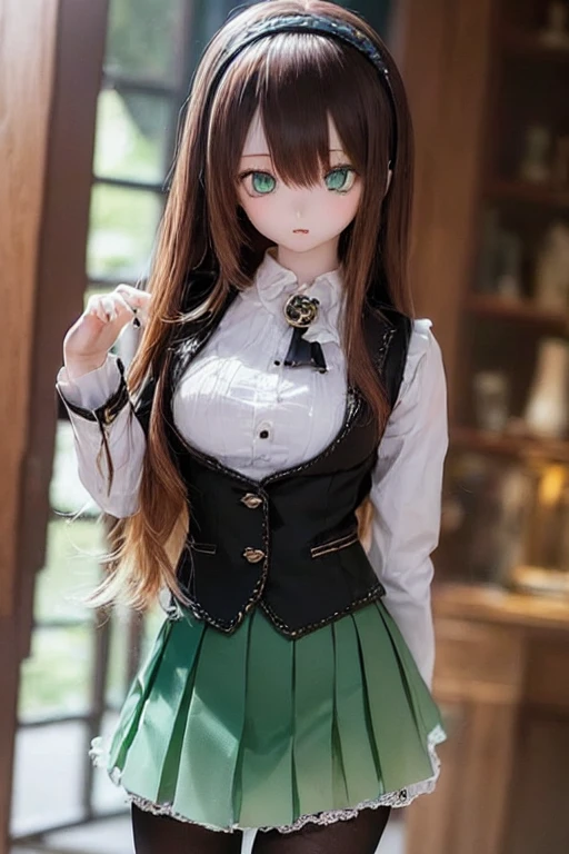 (SFW:2), photorealistic, realistic photo, 8k, ((highest quality)), ((masterpiece)), (extremely detailed), kukolnydom, doll, (mature woman, 21yo, 21 years old, solo:1.6), ((cowboy shot, standing, slim, slender, skinny, medium breasts, hairband, ascot, vest, dress shirt, long puff sleeves, pleated skirt, black pantyhose)), (green eyes, brown hair, long hair, plastic skin, looking at another, glass eyes, gradient eyes, shining eyes, detailed eyes:1.3)
