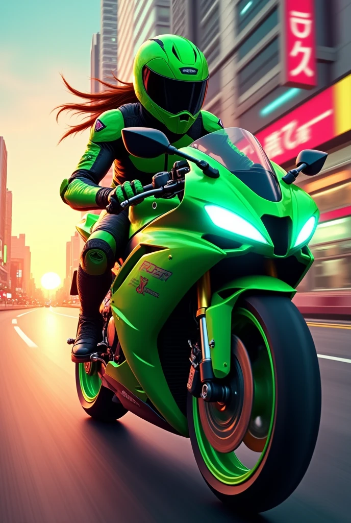 Anime Green Archer with helmet riding in sports bike side view


