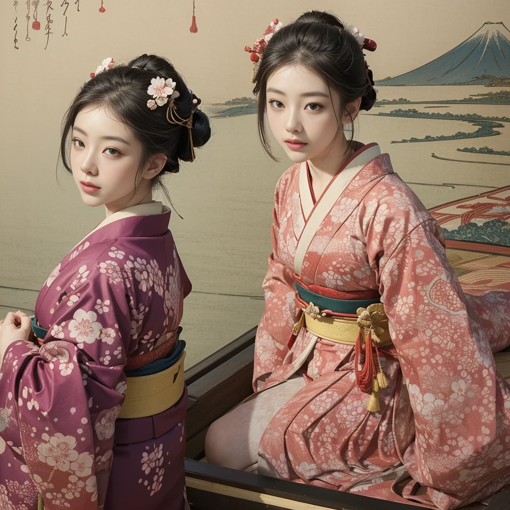(background:Cherry blossoms on the mountain are covered with mist)((Ukiyo-e))japanese art,or period,tokyo art, lily,Natural landscape.(masseter membrane、top quality、Ukiyo-e style、mystery、Exquisite and beautiful、official art、Sharaku:1.2)、(1 japanese girl in:1.3)、(fractal art:1.3)、cowboy shooting、White skin、(beautiful brunette、kimono:1.2)、With Japanese traditional performing arts as the background、colorful、(reel、Belongs to Japanese style:1.2)、