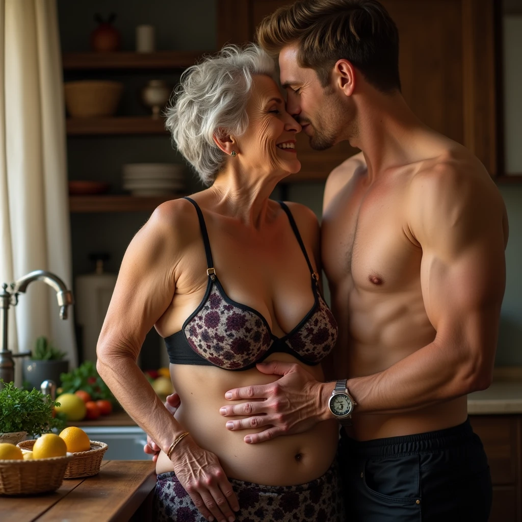 Sexy busty bbw 70 years old woman in bra cooking in kitchen ((big cleavage)) , 30 years young handsome shirtless man grabbing breast from back and kissing , sex ,full body , wide screen