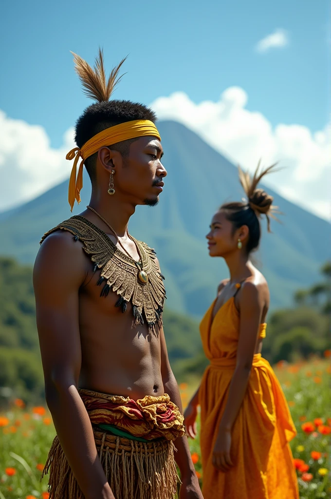
portrait of a handsome Indonesian man with short hair, wearing clothing made from nyamu skin such as a sleeveless shirt with intricate carvings of very detailed unique attractive characteristics, a headband made from yellow nyamu bark, the back of central Kalimantan bird feathers, t-shirt black short and knee-length skirt, a beautiful woman in traditional Upak Nyamu clothing, Central Kalimantan, dancing on a hill with a field of colorful wild flowers, from a distance a tall mountain rises firmly, bright blue clouds, very real, realistic, cinematic, photographic, full HD