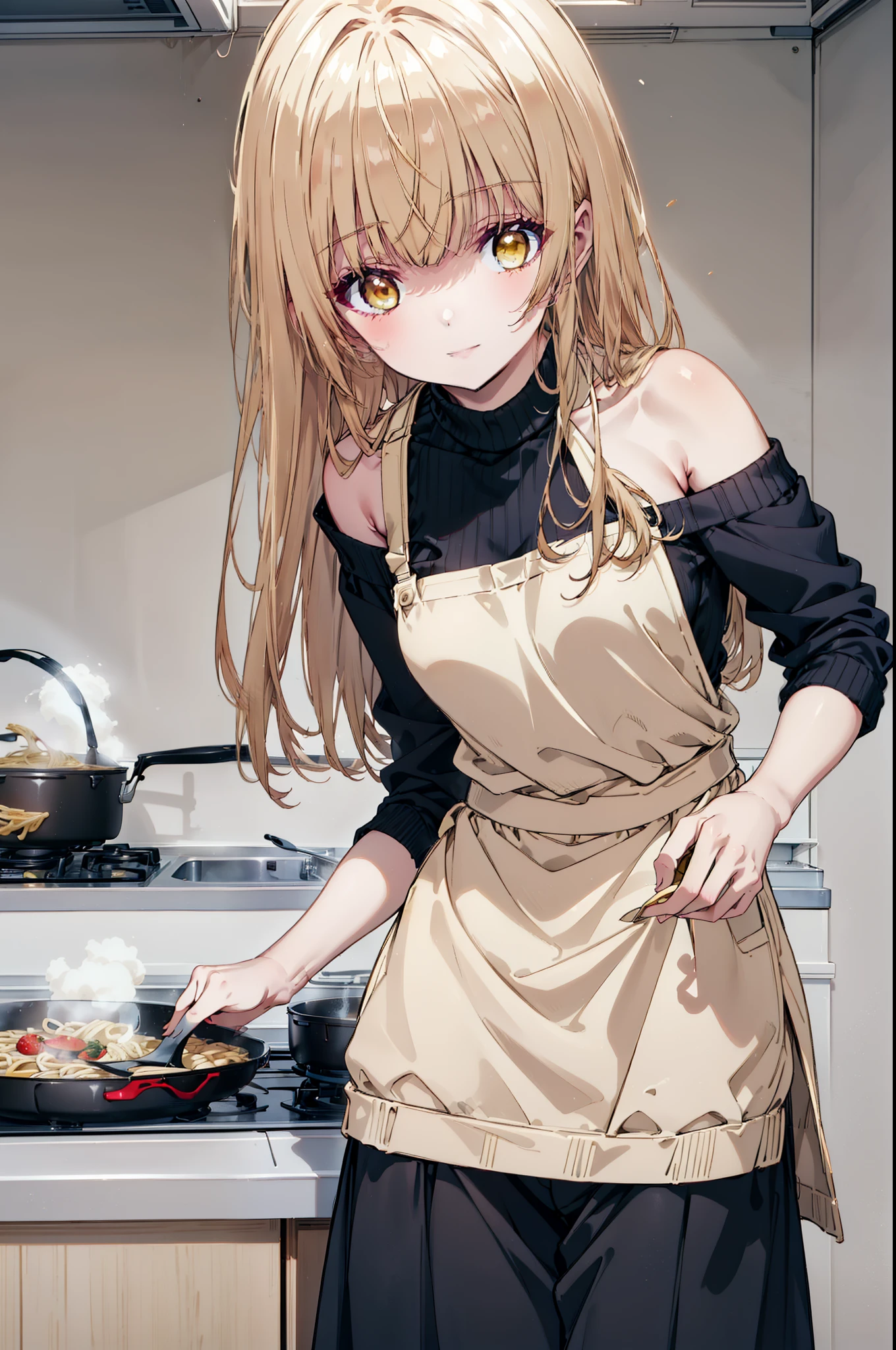 mahirushiina, mahiru shiina, Long Hair, bangs, Blonde, Brown Hair, (Yellow Eyes:1.3), smile,One-shoulder sweater,apron,Long skirt,Black pantyhose,kitchenで料理をする,Cooking pasta in a frying pan,whole bodyがイラストに入るように,
break indoors, kitchen,
break looking at viewer, whole body,
break (masterpiece:1.2), Highest quality, High resolution, unity 8k wallpaper, (figure:0.8), (Beautiful attention to detail:1.6), Highly detailed face, Perfect lighting, Highly detailed CG, (Perfect hands, Perfect Anatomy),