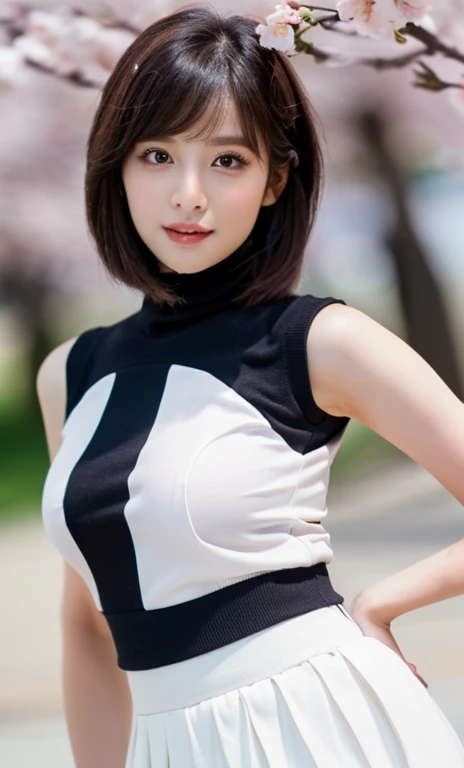 ( (((A beautiful woman))), ((a white cherry blossom)),(((detailed face))),(crotch), perfect body anatomy, hands on hips, huge breasts,pretty,sleeveless turtle neck, white silky clothes, purple mini-skirt, 4k , super high resolution ,(photo-realistic: 1.7),white background,black short hair, ((SFW)), cowboy_shot, bokeh, SFW)