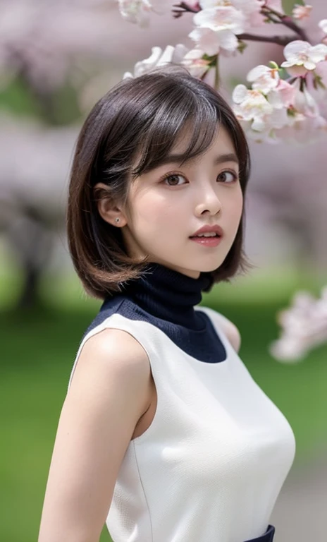 ( (((A beautiful woman))), ((a white cherry blossom)),(((detailed face))),(crotch), perfect body anatomy, hands on hips, huge breasts,pretty,sleeveless turtle neck, white silky clothes, purple mini-skirt, 4k , super high resolution ,(photo-realistic: 1.7),white background,black short hair, ((SFW)), cowboy_shot, bokeh, SFW)