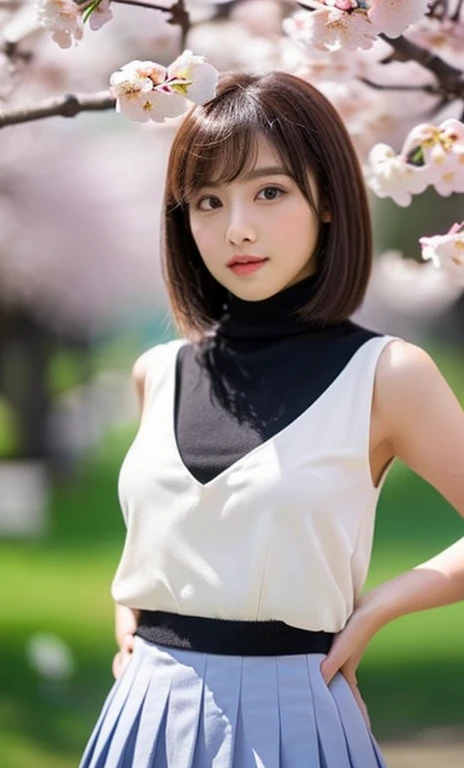 ( (((A beautiful woman))), ((a white cherry blossom)),(((detailed face))),(crotch), perfect body anatomy, hands on hips, huge breasts,pretty,sleeveless turtle neck, white silky clothes, purple mini-skirt, 4k , super high resolution ,(photo-realistic: 1.7),white background,black short hair, ((SFW)), cowboy_shot, bokeh, SFW)