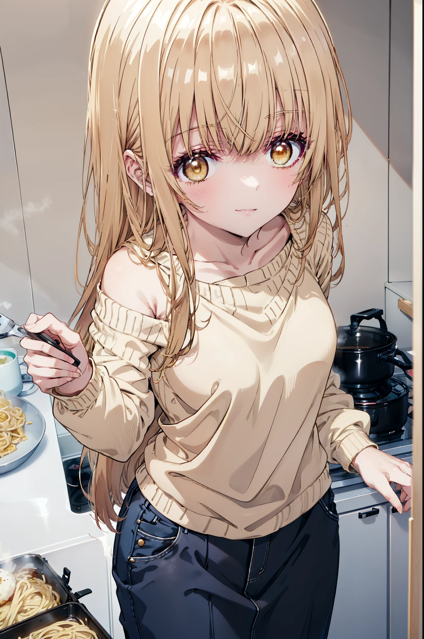 mahirushiina, mahiru shiina, Long Hair, bangs, Blonde, Brown Hair, (Yellow Eyes:1.3), smile,One-shoulder sweater,apron,Long skirt,Black pantyhose,kitchenで料理をする,Cooking pasta in a frying pan,whole bodyがイラストに入るように,
break indoors, kitchen,
break looking at viewer, whole body,
break (masterpiece:1.2), Highest quality, High resolution, unity 8k wallpaper, (figure:0.8), (Beautiful attention to detail:1.6), Highly detailed face, Perfect lighting, Highly detailed CG, (Perfect hands, Perfect Anatomy),