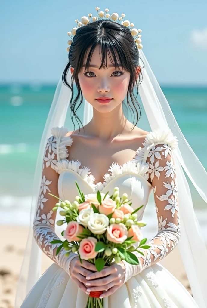 (8k, Photorealistic, Raw photo, Highest quality: 1.4),Japanese idol-style beautiful girl,model,1 person,18-year-old,(Short Bob),(Black Hair),tiara,She has her hair tucked behind her ears,Clear grey eyes,(Long eyelashes),(eye shadow),(Eyeliner),(eyeliner),(piercings(small)),cheek(Beige brown color),(Lip gloss(Deep vermilion)),lips(Plump,glossy),Skin that is as white and smooth as translucent porcelain,thin long neck,Thin and delicate shoulders,(Lace gloves(White)),(Wedding bouquet :1.1),(Wedding dress((Frills),(Lace embroidery),(Plumpしたロングスカート :1.2))),(layer),(veil fluttering in the wind),(High heels(White)),(beach garden wedding),(background with sand beach),(Smiling at the camera),(Full body portrait),(Refer to https://the-weddingdress.jp/)