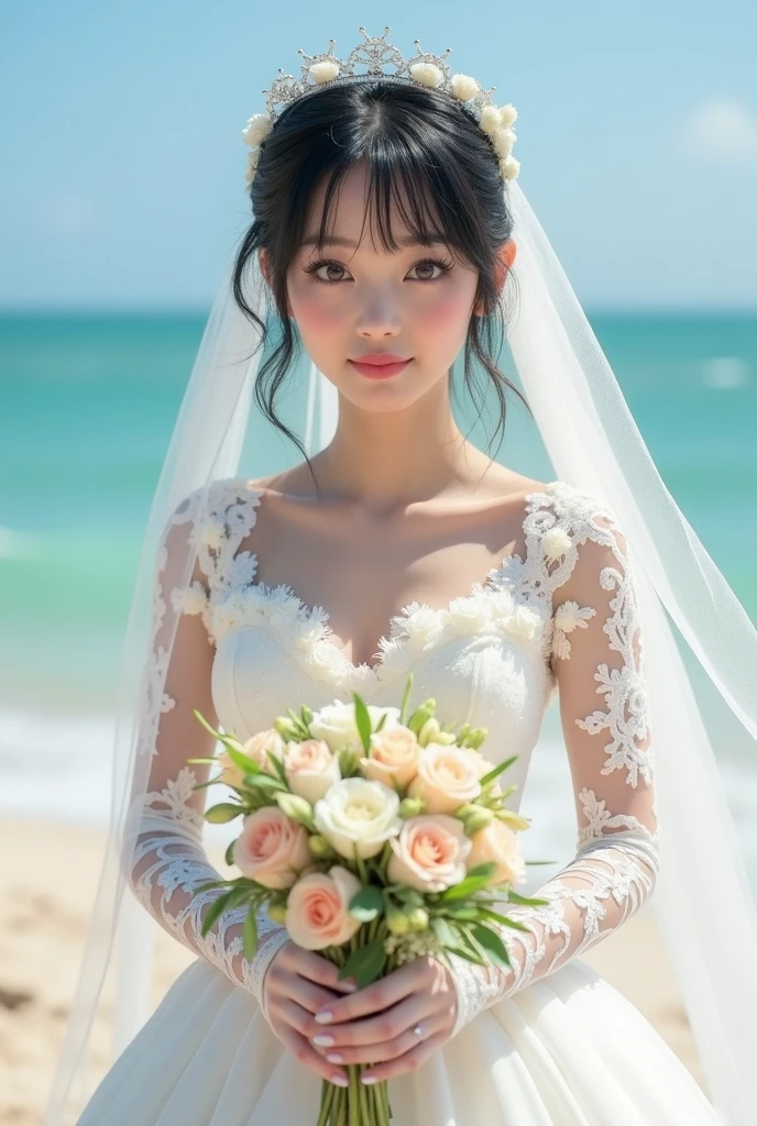 (8k, Photorealistic, Raw photo, Highest quality: 1.4),Japanese idol-style beautiful girl,model,1 person,18-year-old,(Short Bob),(Black Hair),tiara,She has her hair tucked behind her ears,Clear grey eyes,(Long eyelashes),(eye shadow),(Eyeliner),(eyeliner),(piercings(small)),cheek(Beige brown color),(Lip gloss(Deep vermilion)),lips(Plump,glossy),Skin that is as white and smooth as translucent porcelain,thin long neck,Thin and delicate shoulders,(Lace gloves(White)),(Wedding bouquet :1.1),(Wedding dress((Frills),(Lace embroidery),(Plumpしたロングスカート :1.2))),(layer),(veil fluttering in the wind),(High heels(White)),(beach garden wedding),(background with sand beach),(Smiling at the camera),(Full body portrait),(Refer to https://the-weddingdress.jp/)