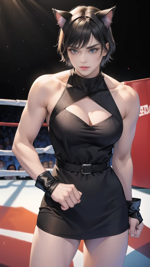 (cat ears:1.1),(women:1.4), black short hair , (boxing ring:1.4),medium_shot, Boxing gloves, Black dress