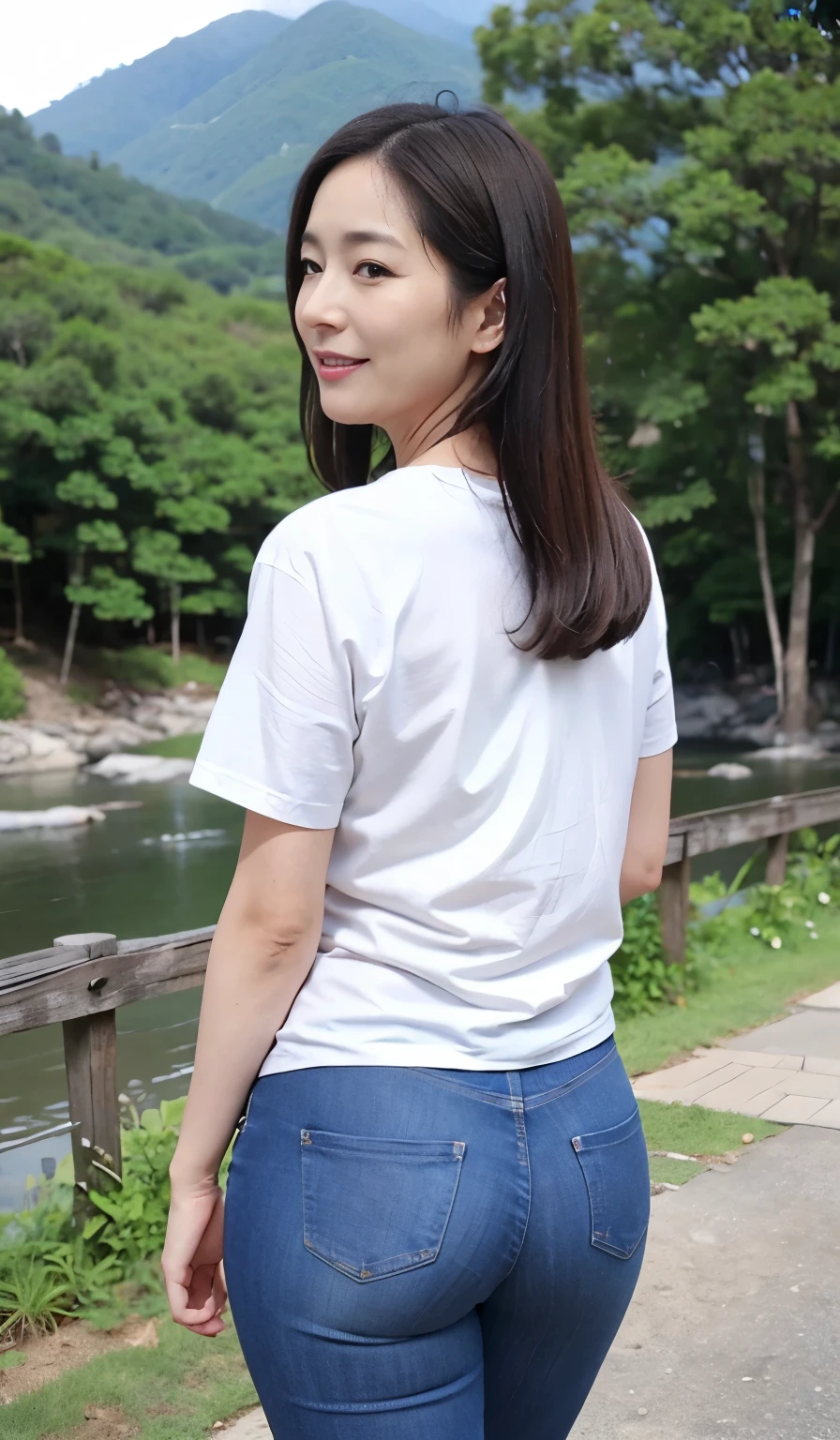 Beautiful Japanese Women、Beautiful Mature Woman、Classy sex appeal、sexy、Perfect Lighting、Beauty、Transparent beauty、8K High Resolution、Beauty in natural light、High resolution、Photorealistic、Masterpiece、smile、Gravure quality、55-year-old Mrs.、Tight low rise denim pants、Earth color t-shirt、Big Ass、Trekking along mountain trails、Carry your backpack