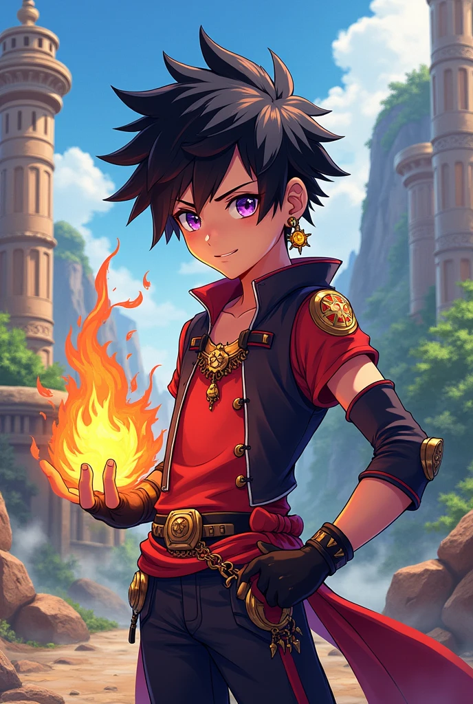 A boy named Axel from the nation of Natlan, with black hair styled like Kokichi Ouma, purple eyes, and uses a Pyro catalyst. He has an Aztec sun earring and his body style is like Aether. I want the drawing style to be similar to Genshin Impact.