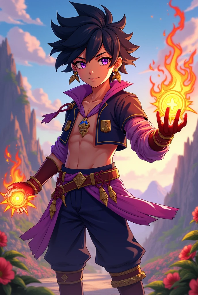 A boy named Axel from the nation of Natlan, with black hair styled like Kokichi Ouma, purple eyes, and uses a Pyro catalyst. He has an Aztec sun earring and his body style is like Aether. I want the drawing style to be similar to Genshin Impact.