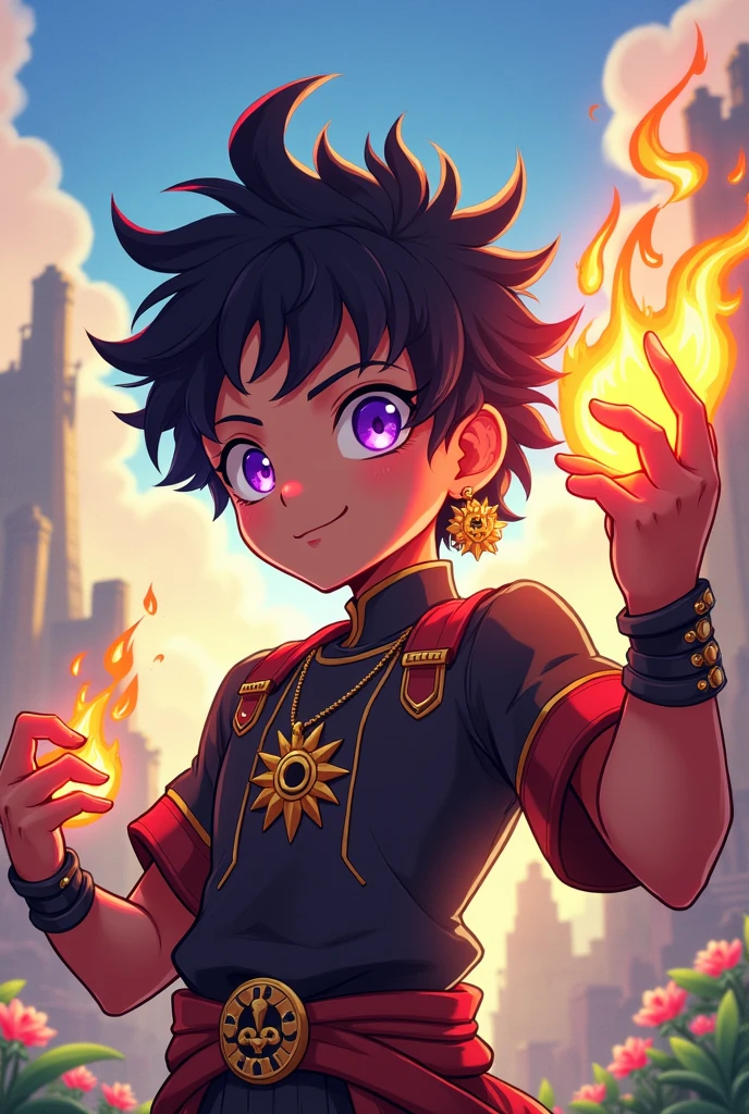 A boy named Axel from the nation of Natlan, with black hair styled like Kokichi Ouma, purple eyes, and uses a Pyro catalyst. He has an Aztec sun earring and his body style is like Aether. I want the drawing style to be similar to Genshin Impact.