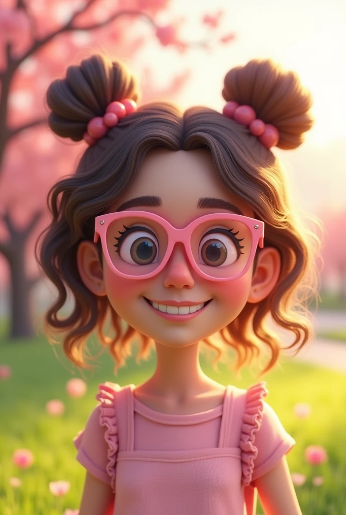 A curly girl who looks like me and wears light pink oakley glasses,3d render
