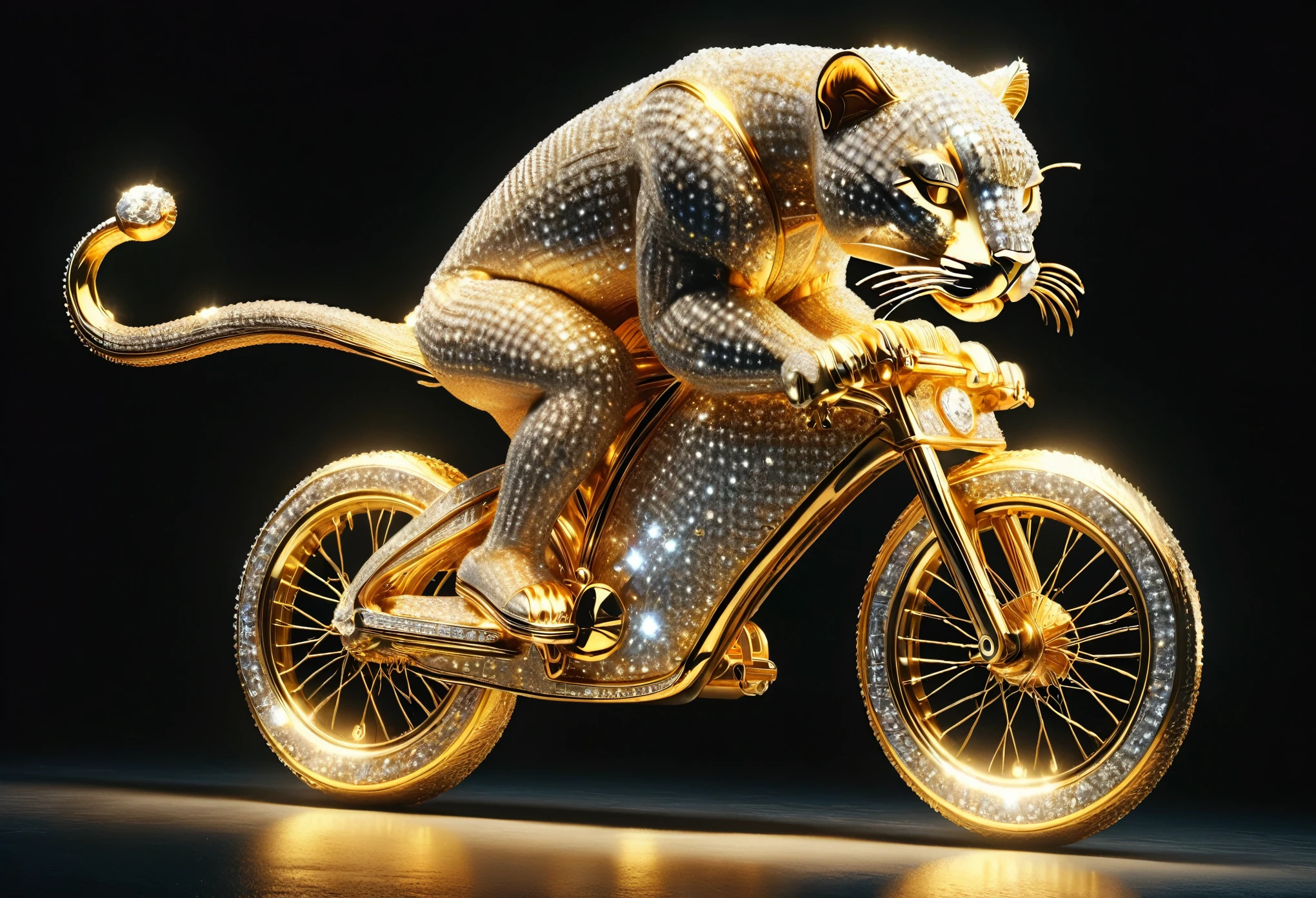 a Puma riding a bicycle made of ral-bling, outside, night, haze lighting, 4k, uhd, masterpiece