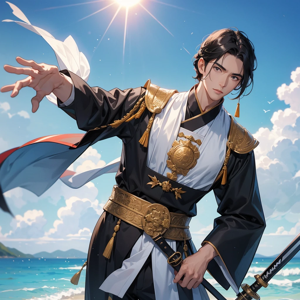 Handsome black-haired male general holding a large sword in ancient Chinese general costume, walking on the beach. The sea is blue, the sky is clear, and there are low clouds. The sun shines and the sun rises. close up.