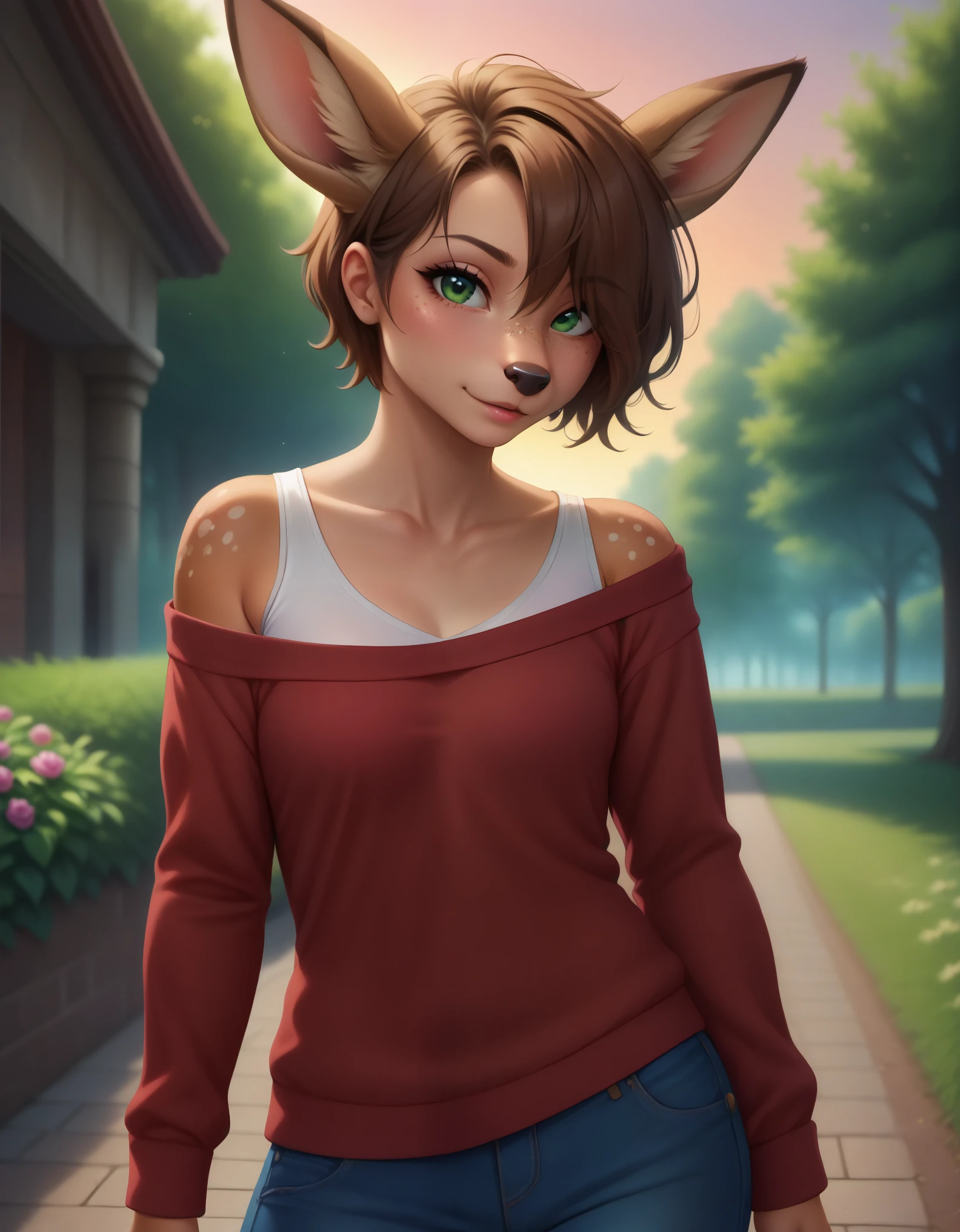 Solo, 1girl, female, adult, lotte, deer girl, furry female, body fur, animal nose, snout, animal ears, green eyes, brown hair, short hair, freckles, cute face, perfect anatomy, detailed skin, detailed eyes, perfect hands, perfect face, small breast, hair over one eye, BREAK sweater, long sleeves, off-shoulder shirt, pants, BREAK outdoors, park, colorful, sunset, looking at viewer, dutch angle, BREAK ((ultra-detailed)), ((best quality)), ((best quality)), ((beautiful eyes)), ((extremely detailed)), 4K, (8K), best quality, (beautiful), Master piece, highres, score_9, score_8_up, score_7_up, colorful, best quality, official art, highres, masterpiece, nai3, god light, detailed background, high quality background, very aesthetic, absurdres, 