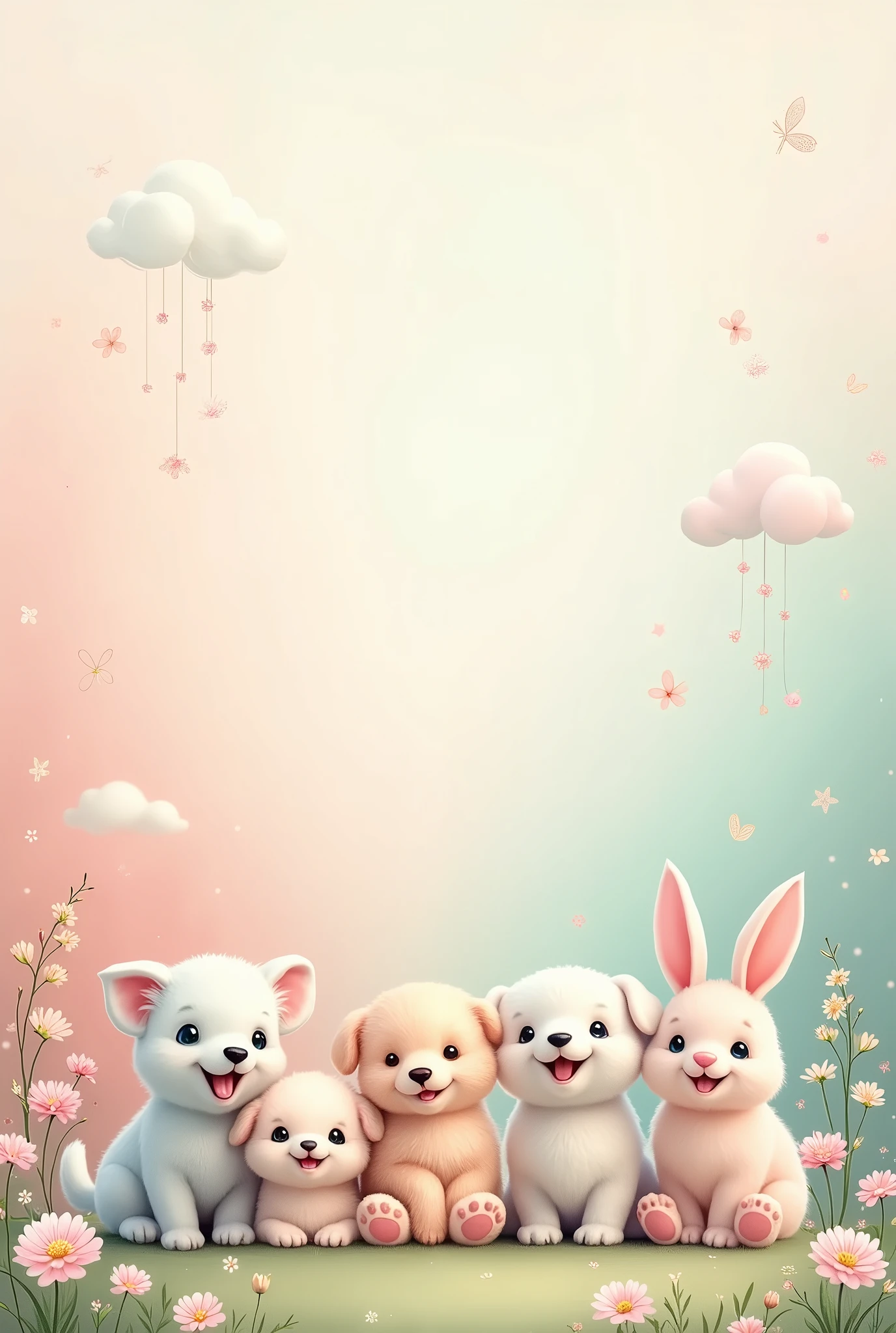 Cute Animals:
“Design a charming wallpaper featuring a group of baby animals, such as puppies, kittens, and bunnies. Arrange them playfully against a soft, pastel background.”