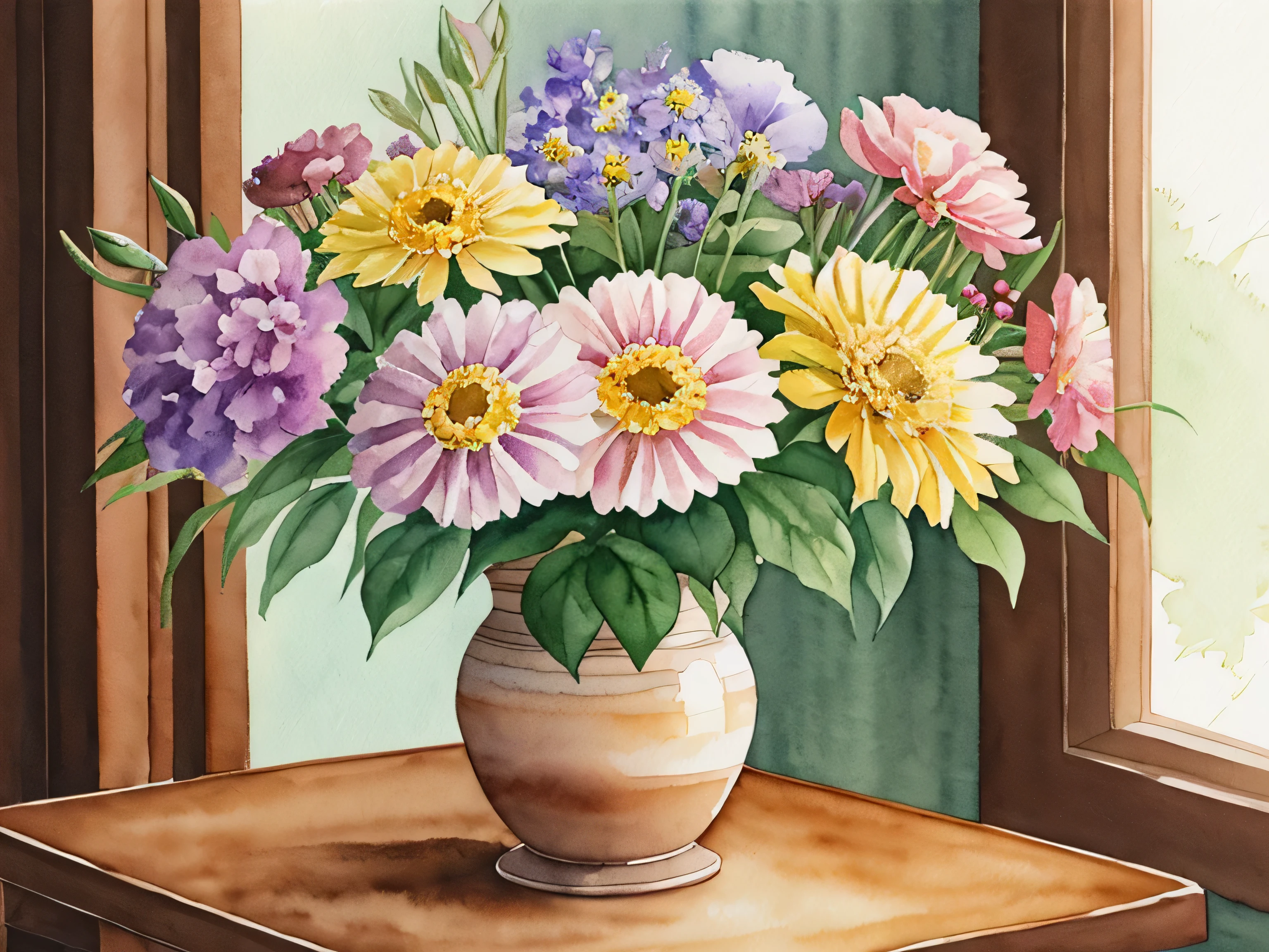 Watercolor I am arranging flowers in a brown vase. panoramic