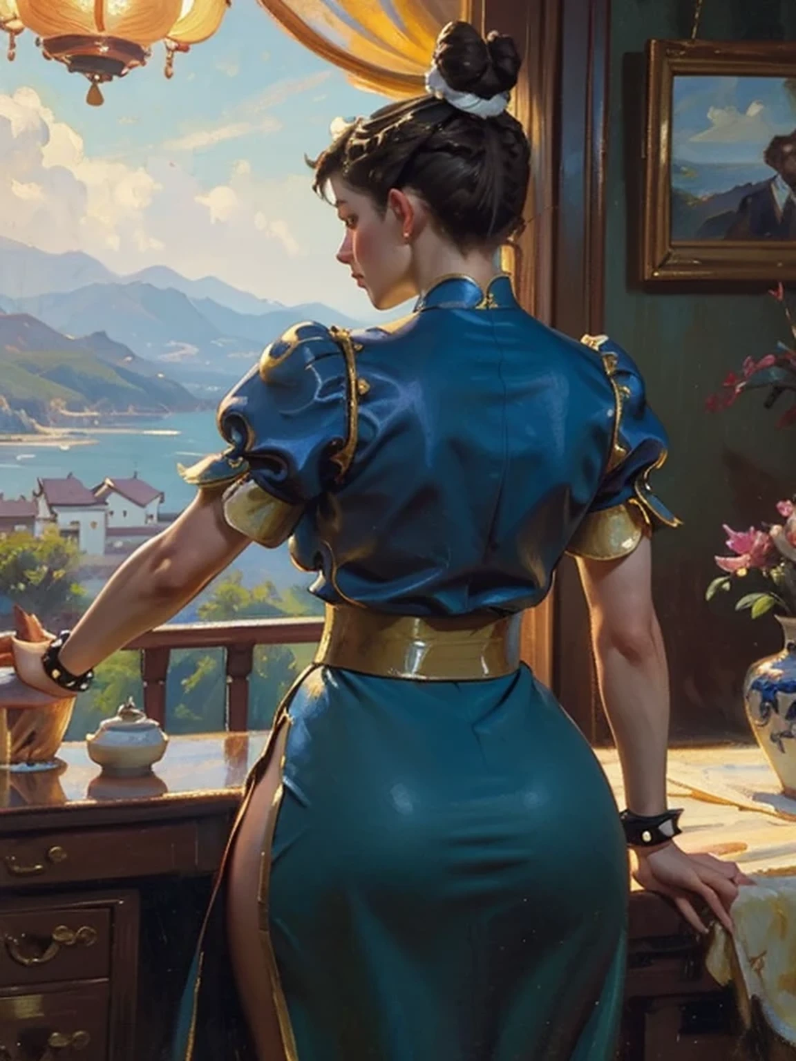 (AOC:1.1), (Oil painting:1.2), from behind, encorvado, Curved, Slightly Wide hips, thick thighs, (chun li:1.3), brown hair, ((Double bun hair:1.2, Bun cover:1.5)), lipstick, makeup, blue dress, Blue cheongsam with side slits, Blue footwear, brown pantyhose, chinese clothes, cross-laced footwear, gold trim, pelvic curtain, short sleeves, puffy sleeves, sash, spiked bracelet, Afternoon at the Summer Resort, From inside the hotel, by sargent, ((masterpiece, best quality, high resolution))