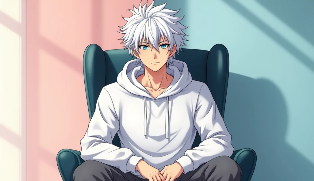 20 years anime man sitting on chair, white hair, blue eyes, little beard, hoodie, anime style, white color, facing forward, healthy body, background wall