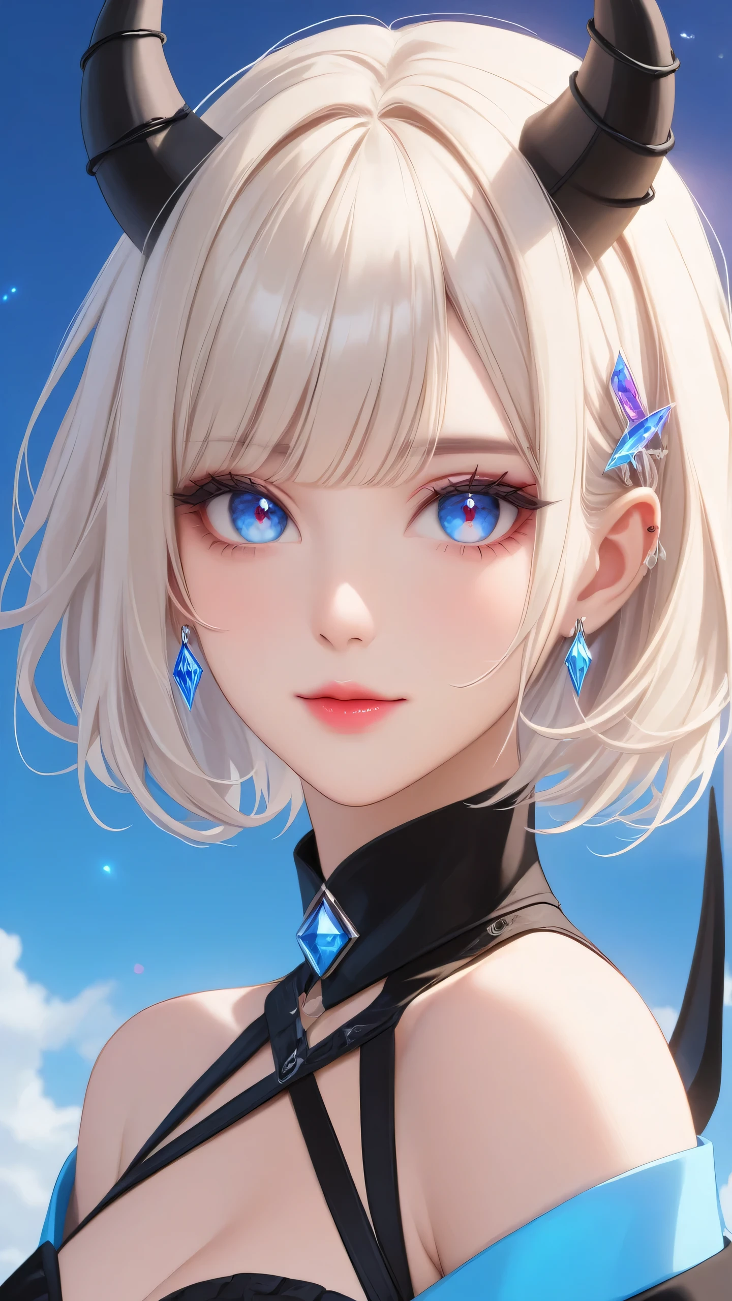 1 girl, Adult woman, One, g0ld3mb, Air, (platinum blonde hair) hair, hime cut, (kawaii hair clips:1.2) high quality, Best quality, A high resolution, high detail, (Airen aura magic), hair uplifted, horns,Beautiful young gray-haired woman with piercing red and blue eyes, half smile with full lips, black nails, barbed wire everywhere(rolled black barbed wire),read with your eyes,Blue eyes, (Different eyes), (heterochromia)