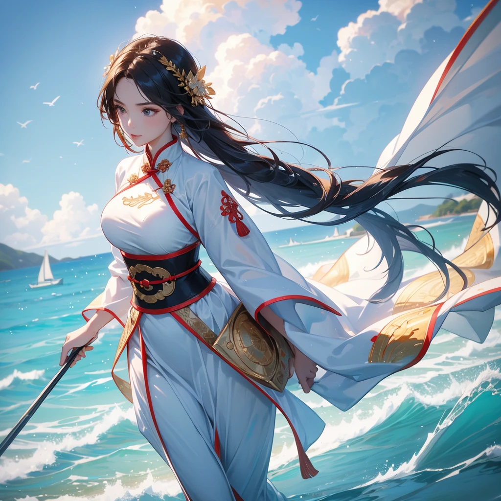 A beautiful female general holding a big spear in an ancient Chinese costume, walking on the beach. The sea is blue, the sky is clear, and there are low clouds. The sun shines and the sun rises. close up.