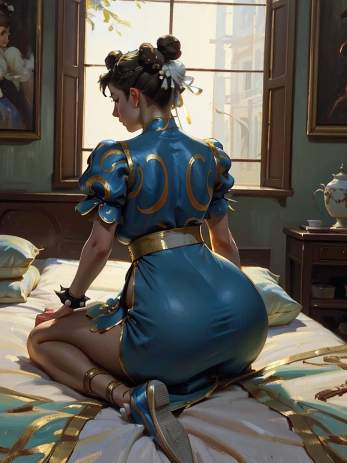 (AOC:1.1), (Oil painting:1.3), from behind, Lying face down on the bed, Accentuate butt, (Curvaceous, Stick butt out), Slightly Wide hips, thick thighs, (Chun-Li:1.3), brown hair, ((Double bun hair:1.4, Bun cover:1.4)), blue dress, Blue cheongsam with side slits, Blue footwear, brown pantyhose, chinese clothes, cross-laced footwear, gold trim, pelvic curtain, short sleeves, puffy sleeves, sash, spiked bracelet, Afternoon at the Summer Resort, From inside the room, natural lighting, by sargent, ((masterpiece, best quality, high resolution)) 