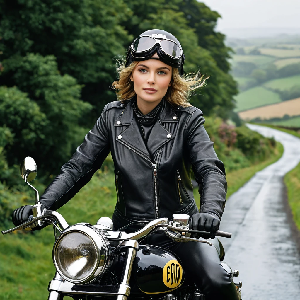 Bluff Superior SS100、(Ride a classic motorcycle )、(Vintage Bikes、Bluff Superior SS100)、Isle of Man Races、(Souvenir photo of beautiful female rider)、(Black leather jacket)、Cromwell helmet with goggles、After the Rain、English countryside、 Detailed Description、(Highest quality, masterpiece, High resolution)、8k、wallpaper