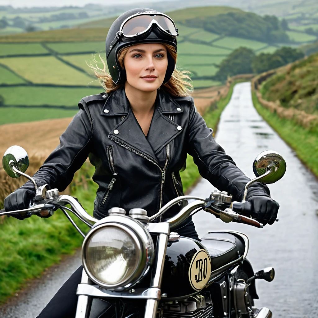 Bluff Superior SS100、(Ride a classic motorcycle )、(Vintage Bikes、Bluff Superior SS100)、Isle of Man Races、(Souvenir photo of beautiful female rider)、(Black leather jacket)、Cromwell helmet with goggles、After the Rain、English countryside、 Detailed Description、(Highest quality, masterpiece, High resolution)、8k、wallpaper
