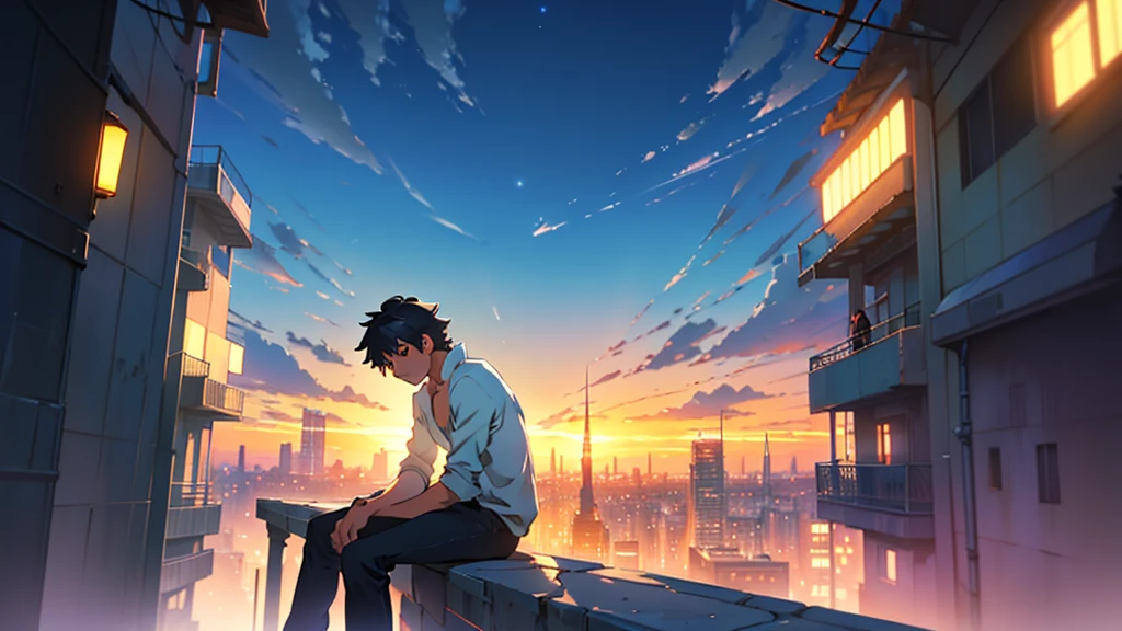 anime boy sitting on a ledge looking at the city, an anime drawing by Makoto Shinkai, trending on pixiv, serial art, makoto shinkai cyril rolando, style of makoto shinkai, makoto shinkai!, makoto shinkai!!, ( ( makoto shinkai ) ), in style of makoto shinkai, makoto shinkai style