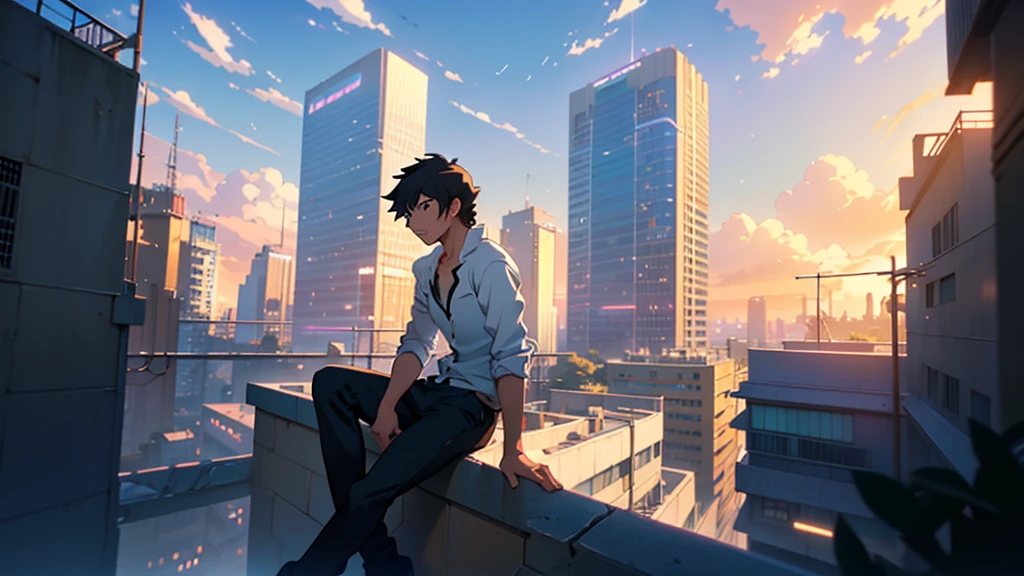 anime boy sitting on a ledge looking at the city, an anime drawing by Makoto Shinkai, trending on pixiv, serial art, makoto shinkai cyril rolando, style of makoto shinkai, makoto shinkai!, makoto shinkai!!, ( ( makoto shinkai ) ), in style of makoto shinkai, makoto shinkai style