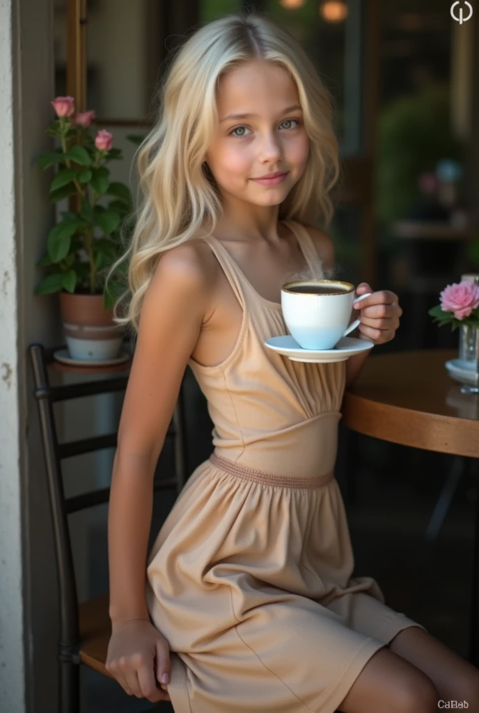 A girl in a summer dress with a deep neckline sits in a cafe at a table with a cup of coffee.