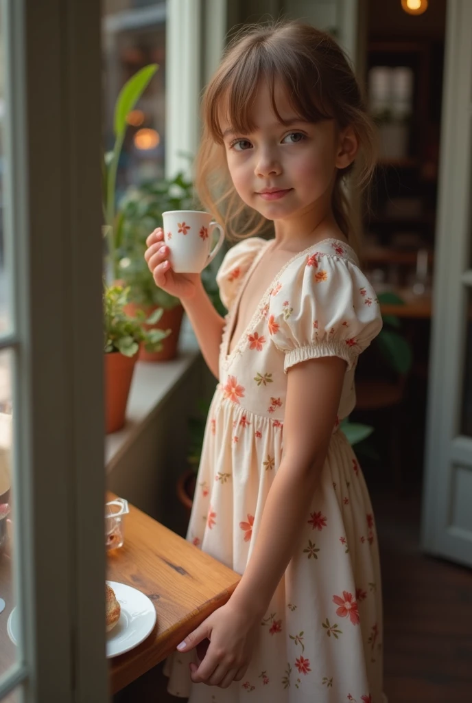 A girl in a summer dress with a deep neckline sits in a cafe at a table with a cup of coffee.