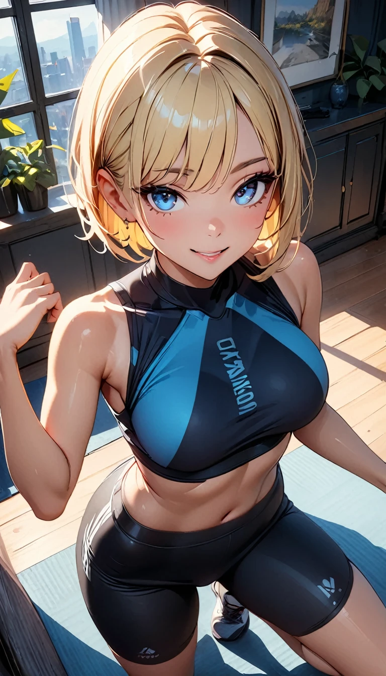 Sexy fitness instructor, 1 Female, Athletic Wear:1.2, Clean clothes, (Blonde, Berry Short Cut, Light blue eyes), smile:1.3, Beautiful eye color, Pose looking from above, View from below, Yoga Mat, Training Equipment, Sexy pose, Cinematic lighting, dramatic colors, Chiaroscuro, elegant, Elegant, Sensual beautiful detailed athletic woman, living room, Detailed room interior, Nasty, Alluring, (Highest quality:1.2, 4K, 8k, Very detailed, Attention to detail, masterpiece:1.2, Best aesthetics),