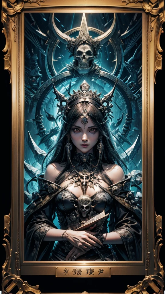 ultra detailed, high resolution, best quality, hyper realistic image of a hand drawn 3d anime like, the justice card from tarot cards with frames drawn with skulls and scales and inside the frame there is an ethereal figure that takes the form of a female with absurd and macabre elements. Also use the typography "justice" to show the name of the card