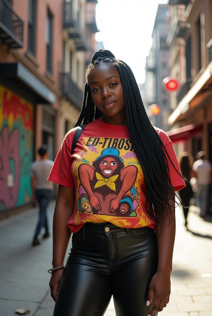 chubby black woman with box braids wearing leather pants