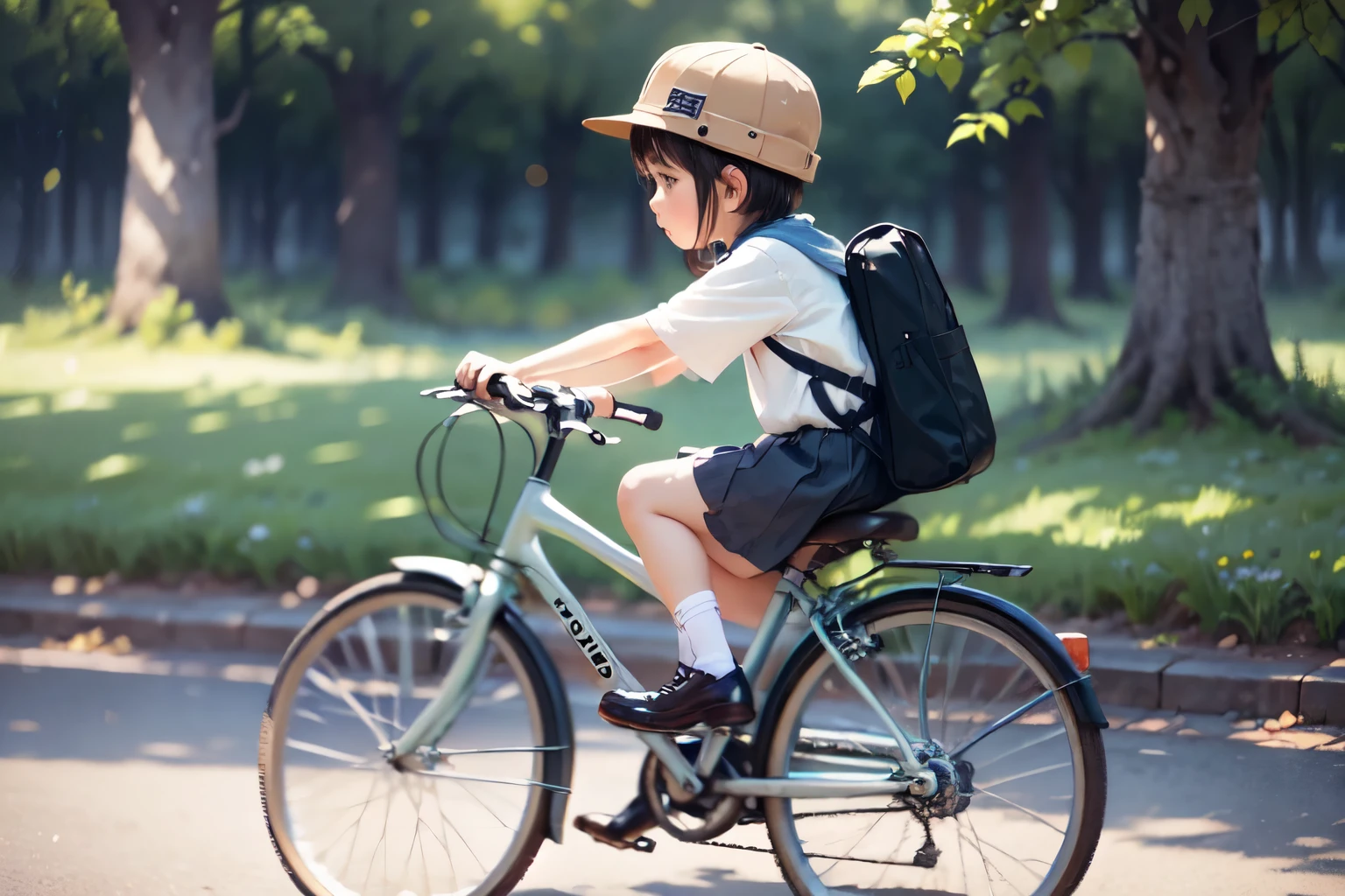 (Highest quality、masterpiece)、(5-year-old riding a bicycle)、(Children's bicycles、whole)、(From the side)、(Cute Face)、short hair、White clothes、shoes、(No background)、White Background、Blur the background、(Watercolor of singer Sargent)、Impressionist style painting、