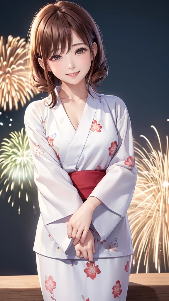 (((Cowboy Shot、Women's Solo Shot、Oil、Pure white wall background、masterpiece、Highest quality、High resolution)))、Redhead、Medium Hair、Side Ponytail、(((Yukata with fireworks pattern)))、(((White yukata)))、Fashionable hairstyles、Pure white wall background、Red cheeks、((No Shadow、Frame In))、((Small breasts))、((smile))、((Happy expression))、(((Arms folded in front of chest)))、((((No background))))、
