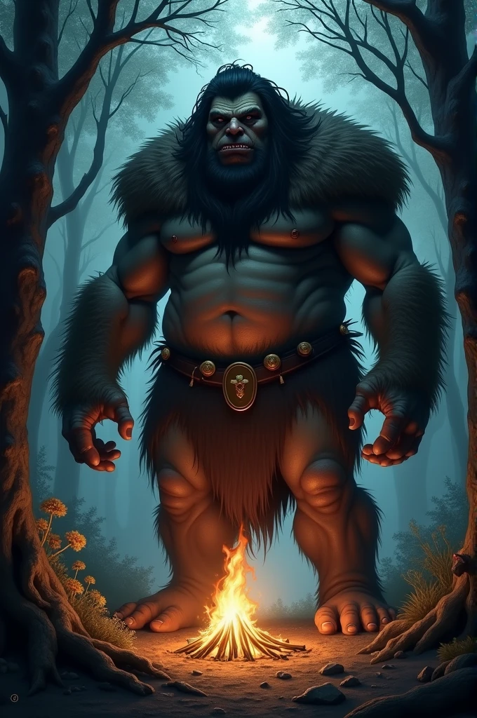 The troll is a tall and corpulent figure with a robust body and an erect posture, presenting more humanoid characteristics. His face is notoriously ugly, with rough and deformed features, and your hair, of medium length, He is thick and black. He wears a fur armor, somewhat worn, that covers his body and accentuates his wild and fearsome appearance.