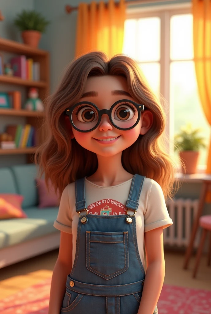 A realistic animated photo of a cute teenage girl with big glasses.3d render