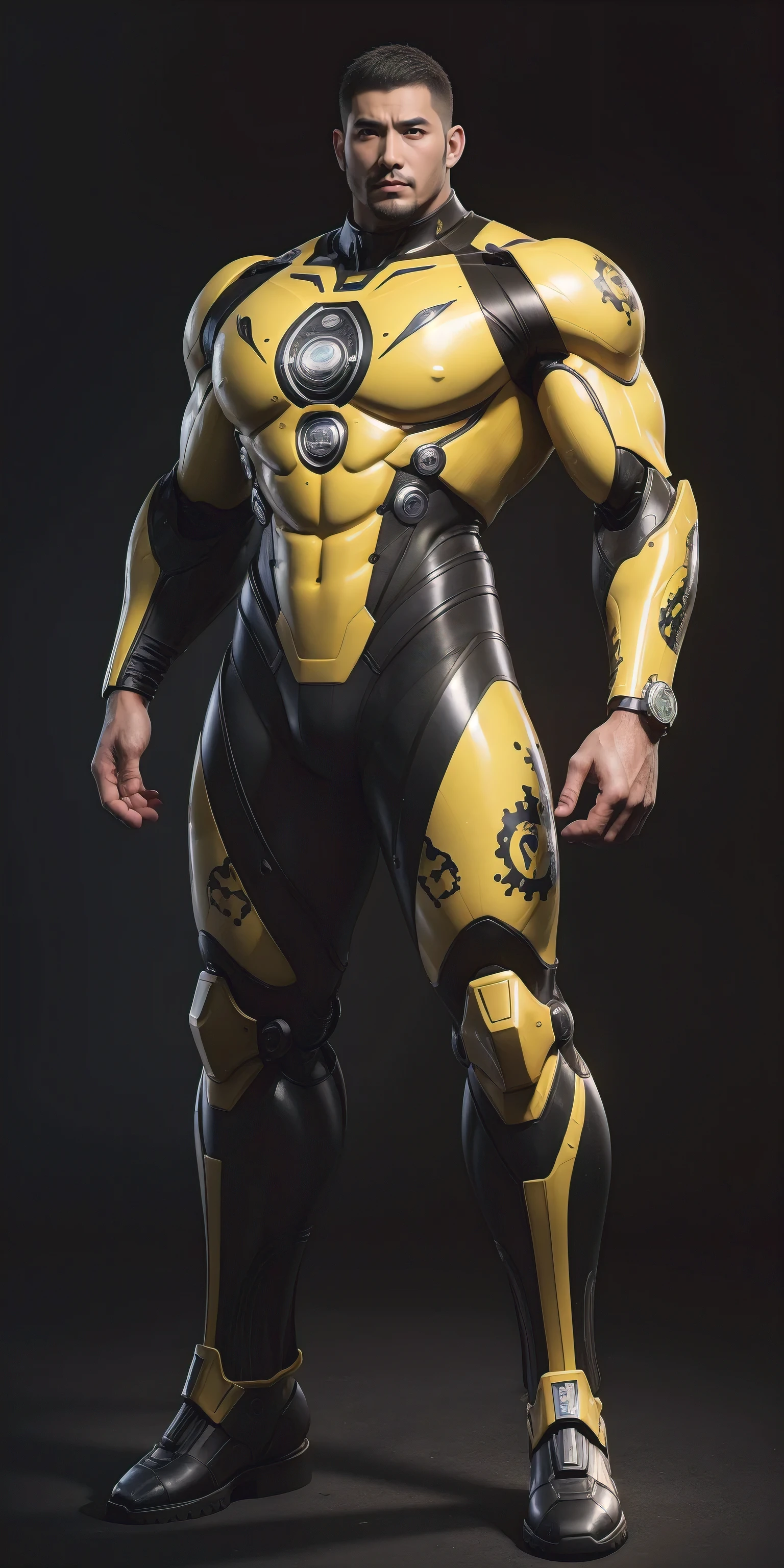 Tall giant muscular police officer，Yellow and black camouflage patterned nano mecha，Honeycomb pattern，Lightweight texture，Character Concept（Resident Evil - Chris Redfield，Chris Redfield）senior police officer，Small grid texture，Regular symmetrical texture pattern，Sad expression，Deep and charming eyes，Standing in a bright mechanical laboratory，Emerald Eyes Hero，Heroic male pose，Tall burly，muscular！Attractive leg muscles，High target, Burly, Heqiang，  Super Buff and Coolness， High Resolution Committee， Bigfoot yellow-gray ultra-thin nano-mechanical boots，Charismatic strongman，The bright sunshine shines on you，Matte particles，Shiny texture