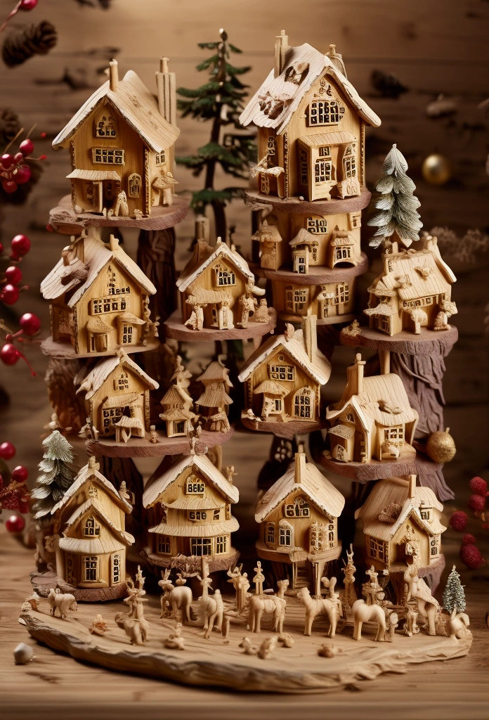 there are a lot of wooden houses on a christmastown, wooden decoration, wooden houses, wood ornaments, decoration, very realistic, wooden buildings, tree town, pilgrim village setting, seasonal, model trees, outstanding detail, stunningly detailed, full trees, with detailed wood, wood, a hyper realistic, tiny village, box, 1/30, by rainer hosch