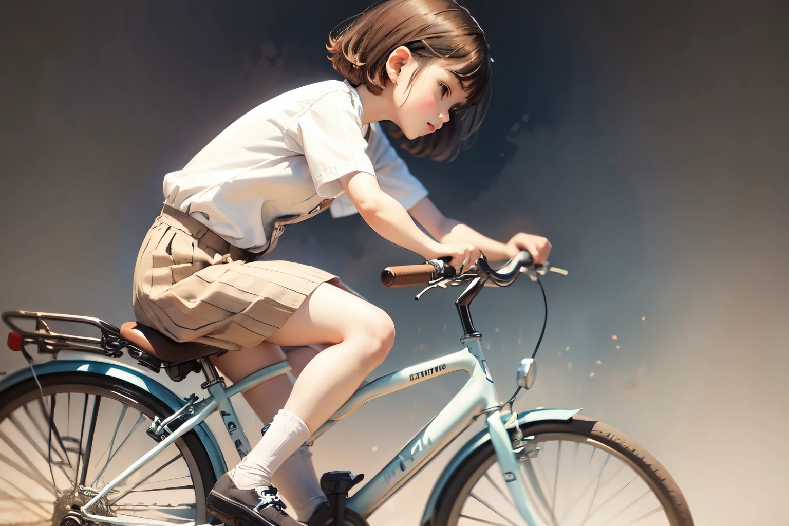 (Highest quality、masterpiece)、(A 5--old l riding a bicycle)、(Children's bicycles、whole)、(From the side)、(Cute Face)、short hair、White clothes、shoes、(No background)、White Background、Blur the background、(Watercolor of singer Sargent)、Impressionist style painting、