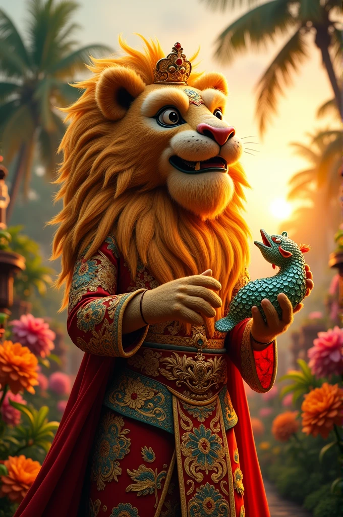 A lion in a Malayucostume holds a gish.