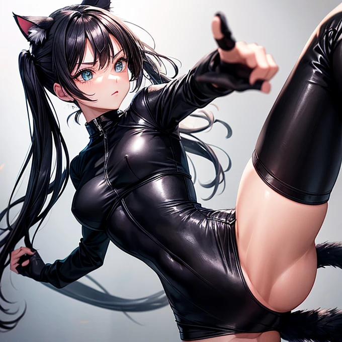 she is wearing black clothes,  High Cut Bodysuit.Woman doing a high kick　It has cat ears and a tail..　Twin tails　Open Finger Gloves