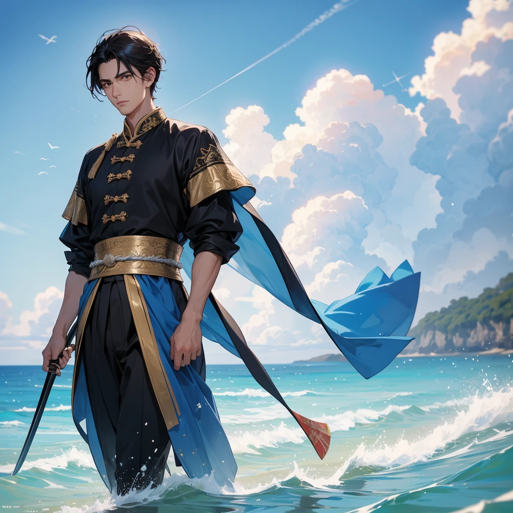 Handsome black-haired male general holding a large sword in ancient Chinese costume, walking on the beach. The sea is blue, the sky is clear, and there are low clouds. The sun shines and the sun rises. close up.