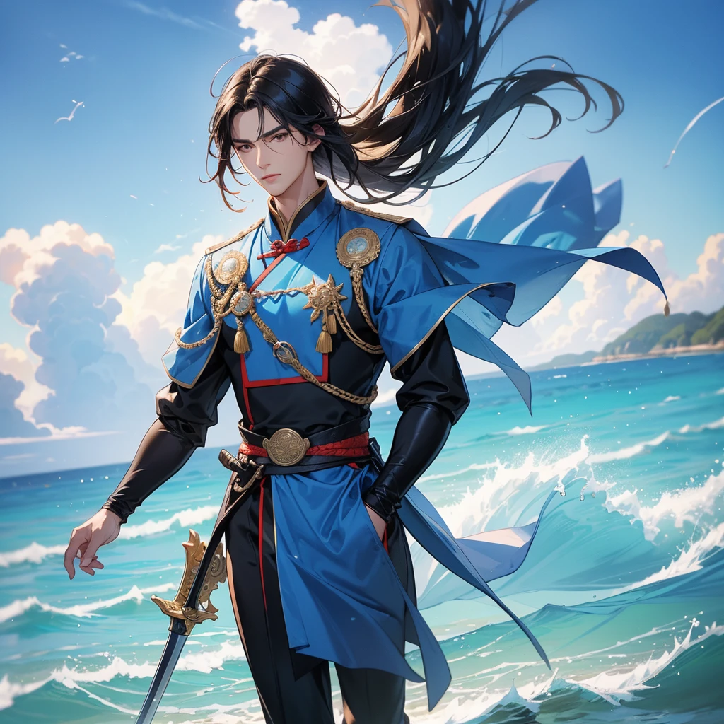 Handsome black-haired male general holding a large sword in ancient Chinese costume, walking on the beach. The sea is blue, the sky is clear, and there are low clouds. The sun shines and the sun rises. close up.