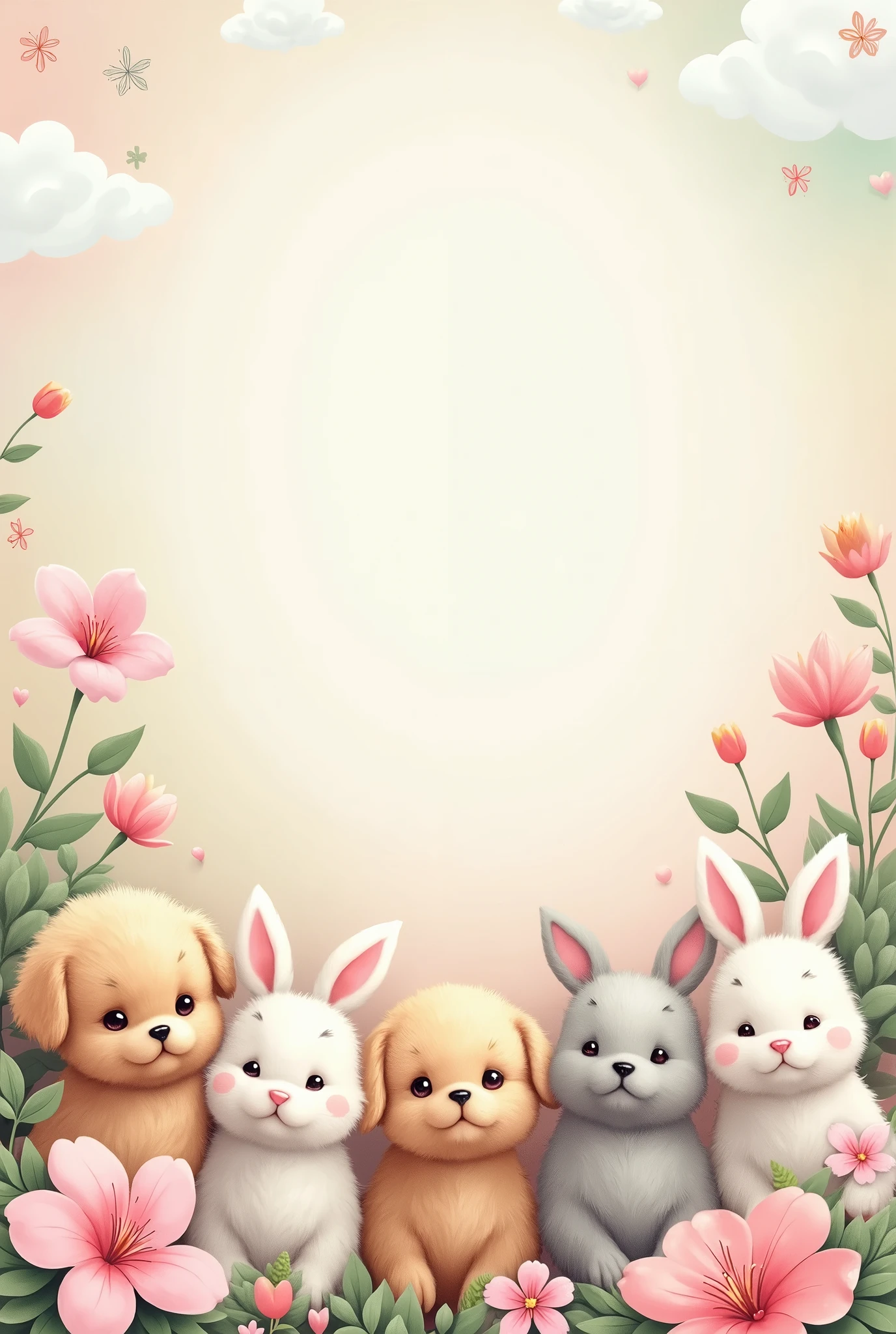 Cute Animals:

“Design a charming wallpaper featuring a group of baby animals, such as puppies, kittens, and bunnies. Arrange them playfully against a soft, pastel background.”