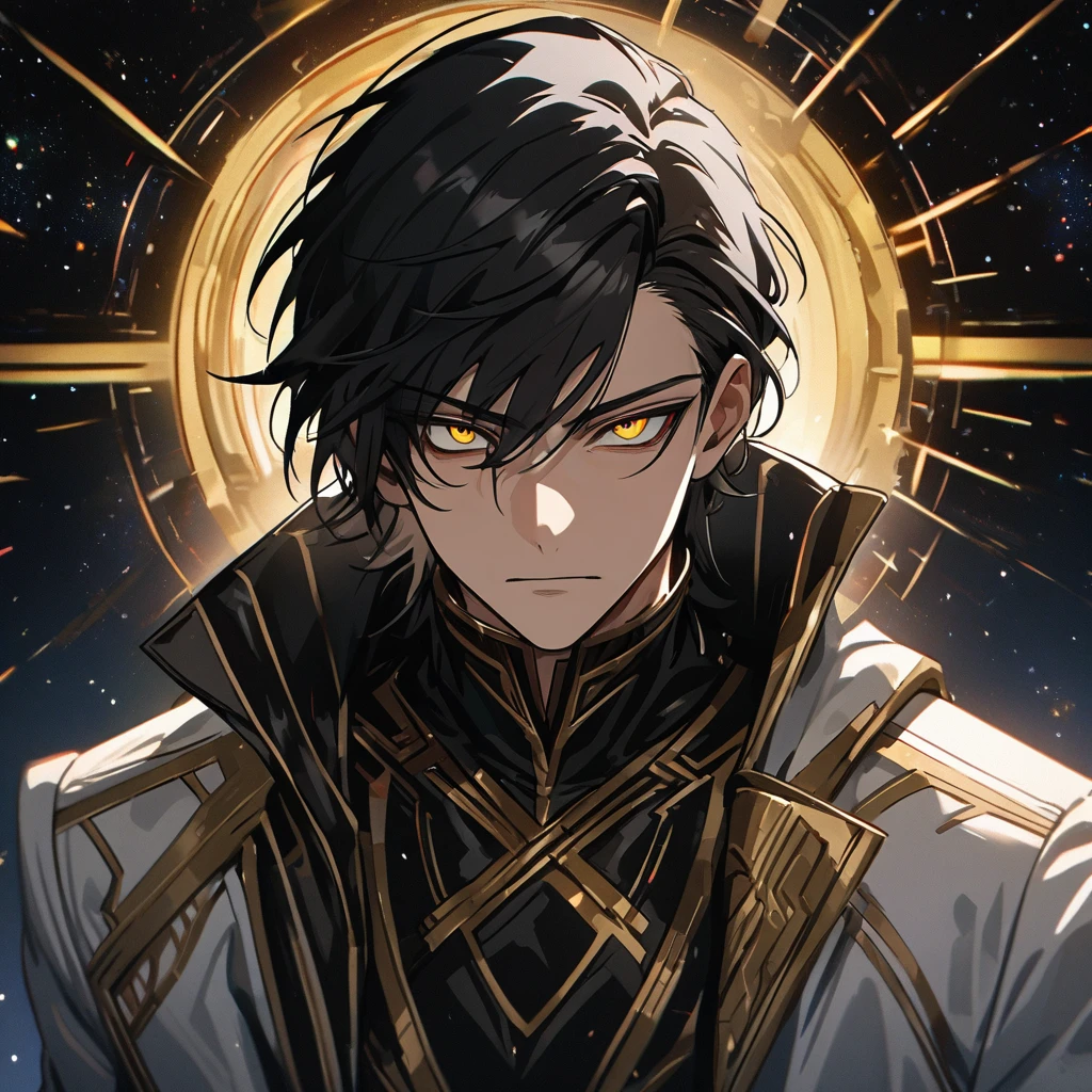 High quality, HD, 4k, no shadows, handsome male, handsome, 1male, , teenager, jet black hair, long black hair, dark hair, black hair, jet black hair, sharp eyes, deep gold colored eyes, dark golden colored eyes, deep gold eyes, gold eyes, devil may cry, close up, calm expression, stoic expression, black leather clothes, white leather clothing, lean body, well trained body, upper body, looking at viewer, cowboy shot, white solar, space background